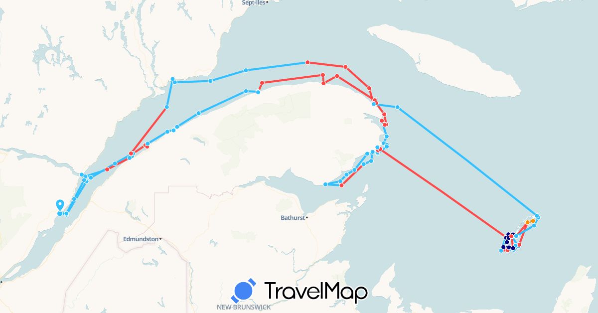 TravelMap itinerary: driving, hiking, boat, hitchhiking in Canada (North America)
